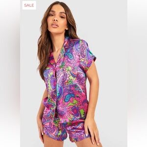 Boohoo Pink and Blue Paisley Pajama Set